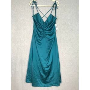 Jason Wu Midi Slip Dress Large‎ Blue Satin Ruched Strappy Silky Criss Cross Back